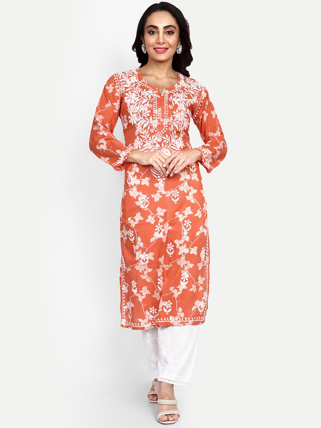 

Indiankala4u Floral Printed Chikankari Regular Cotton Kurta, Orange