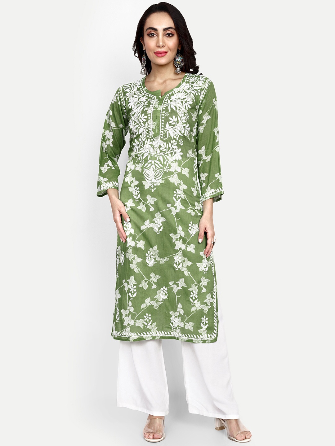 

Indiankala4u Floral Printed Chikankari Regular Cotton Kurta, Green