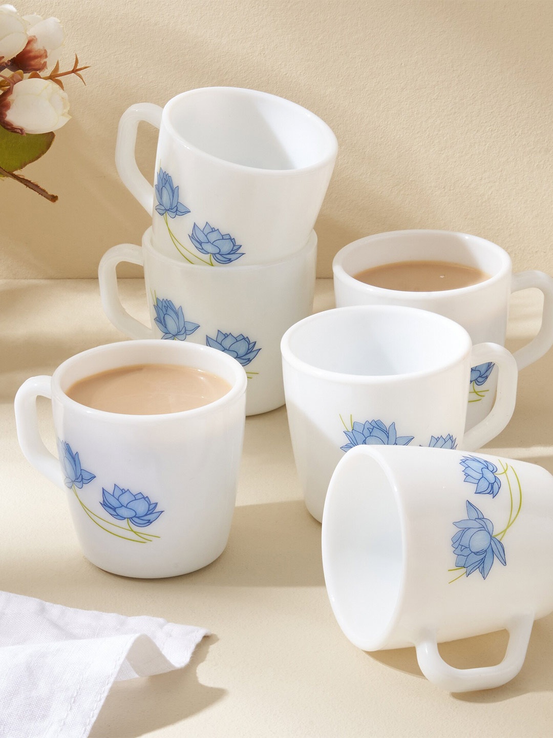 

Home Centre White & Blue 6 Pieces Floral Printed Opalware Glossy Mugs 180 ml