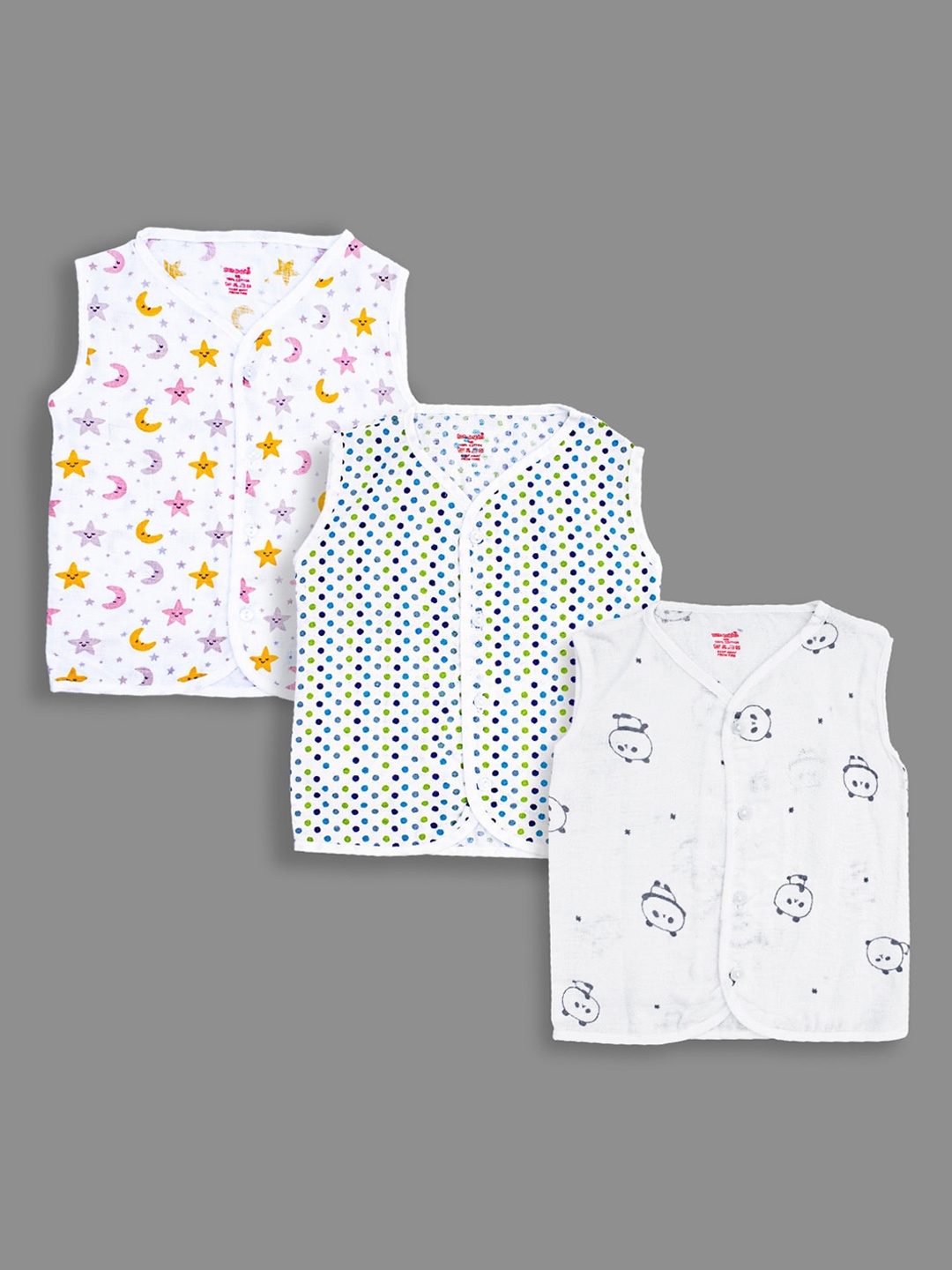 

Born Babies Infants Pack Of 3 Printed Sleeveless Jhablas, White