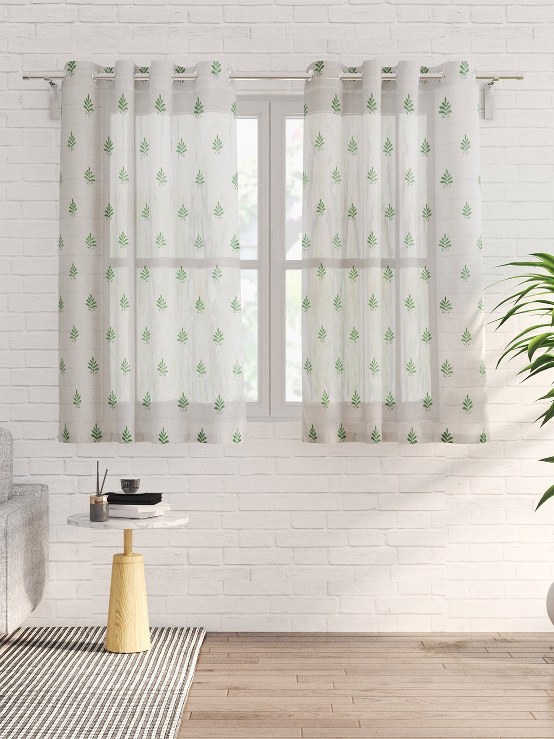 

Home Centre Chanderi Green & White 2 Pieces Floral Sheer Window Curtains