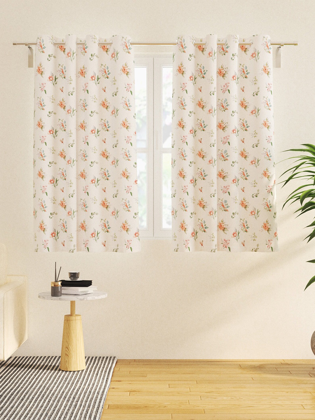 

Home Centre White & Orange 2 Pieces Floral Window Curtains