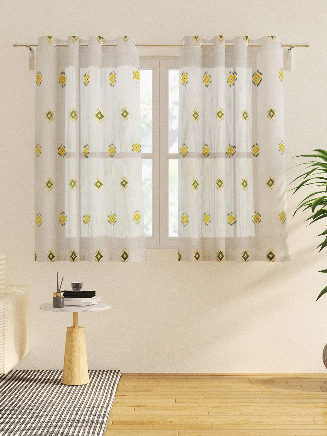 

Home Centre White & Yellow 2 Pieces Floral Window Curtains