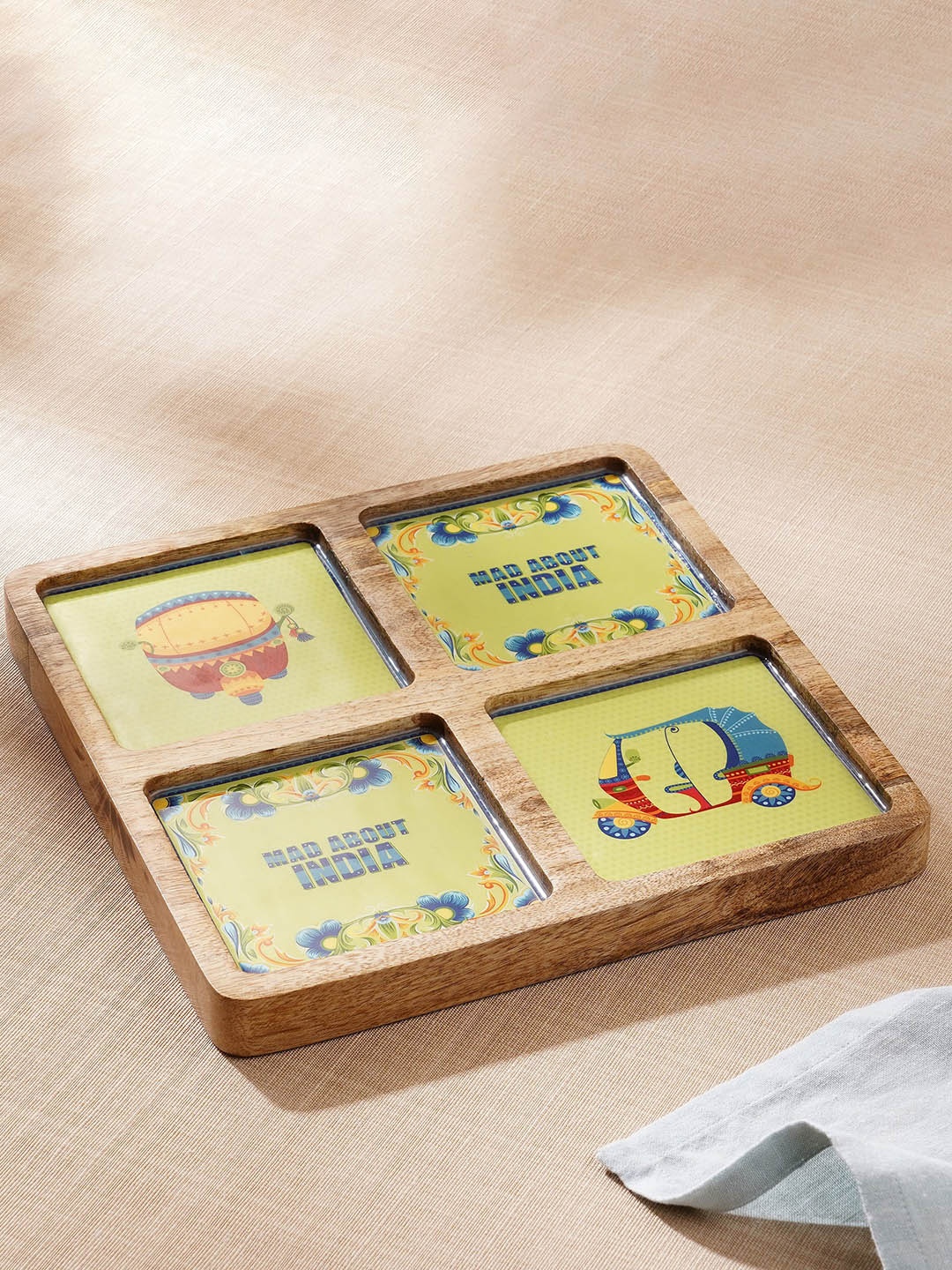 

Home Centre Luke Treasor Green & Beige 4-Partition Wood Printed Platter