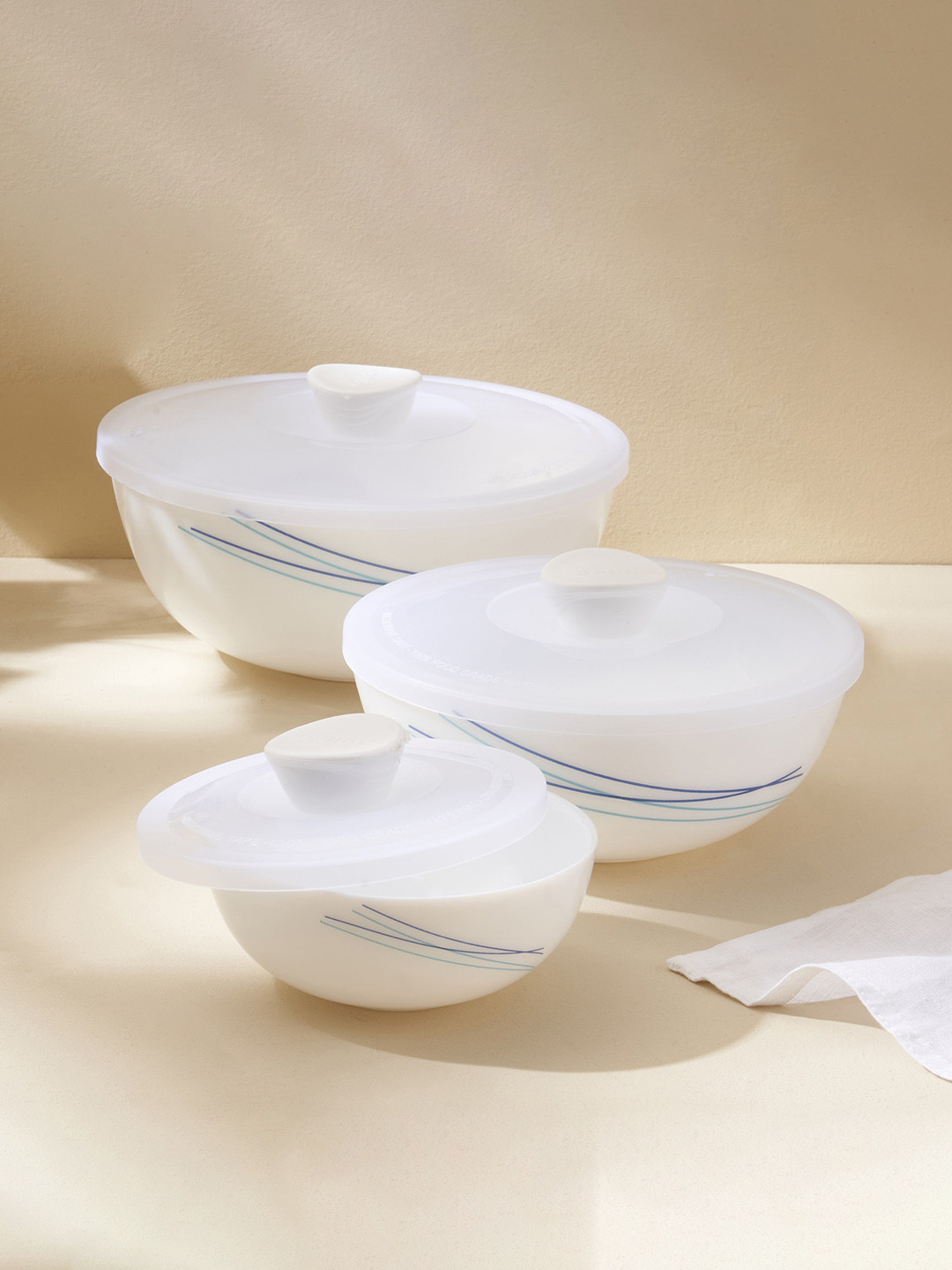 

Home Centre White 3 Pieces Opalware Mixing Bowls with Lids