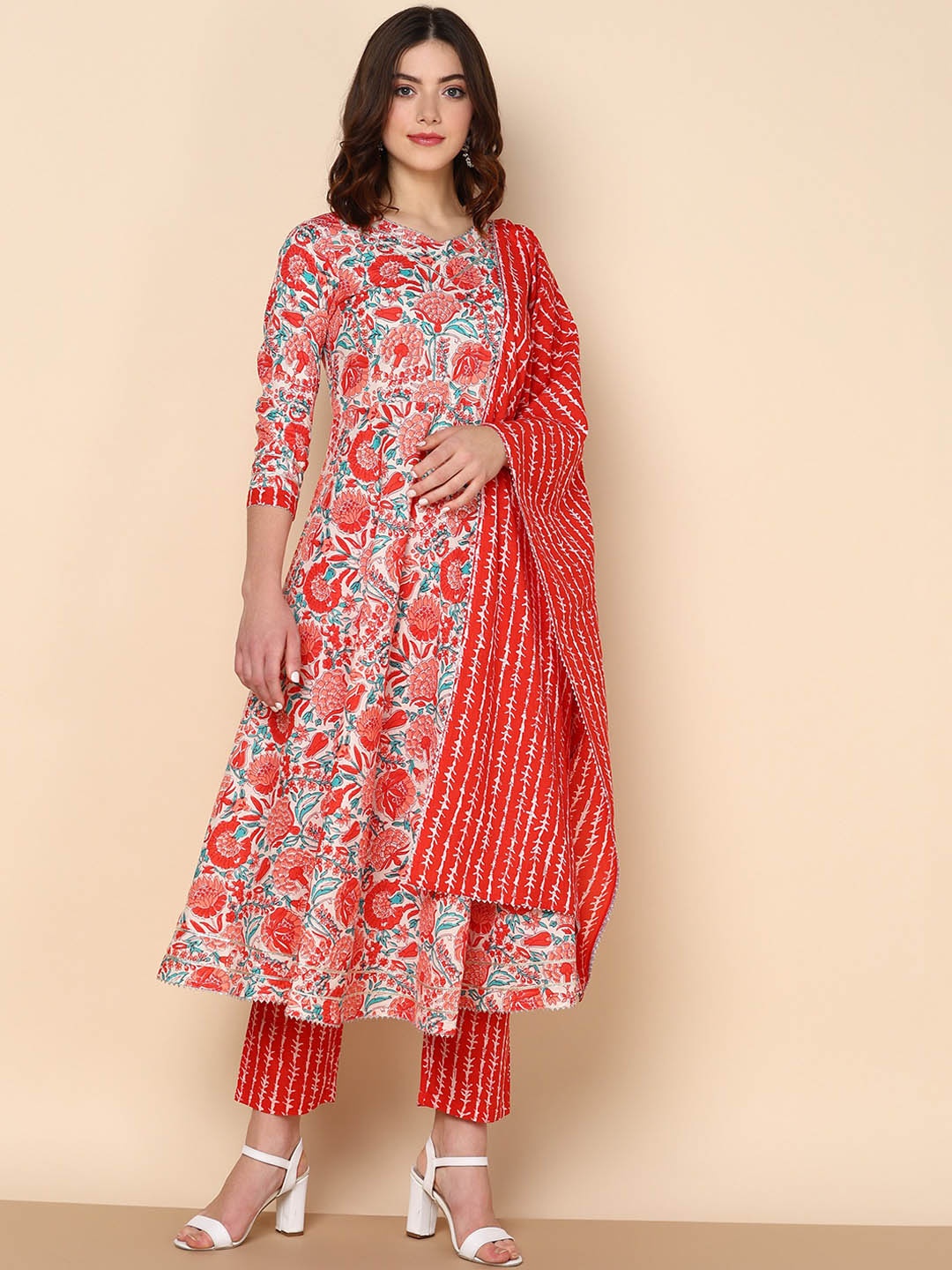 

KALINI Floral Printed Empire Pure Cotton Kurta With Trousers & Dupatta, Red