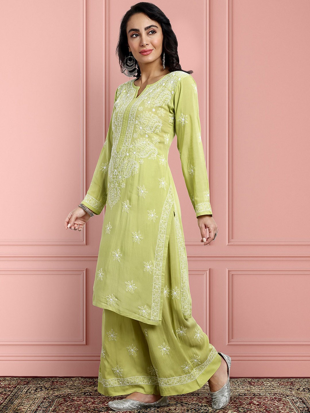 

ADA Ethnic Motifs Embroidered Chikankari Straight Kurta With Palazzos, Green