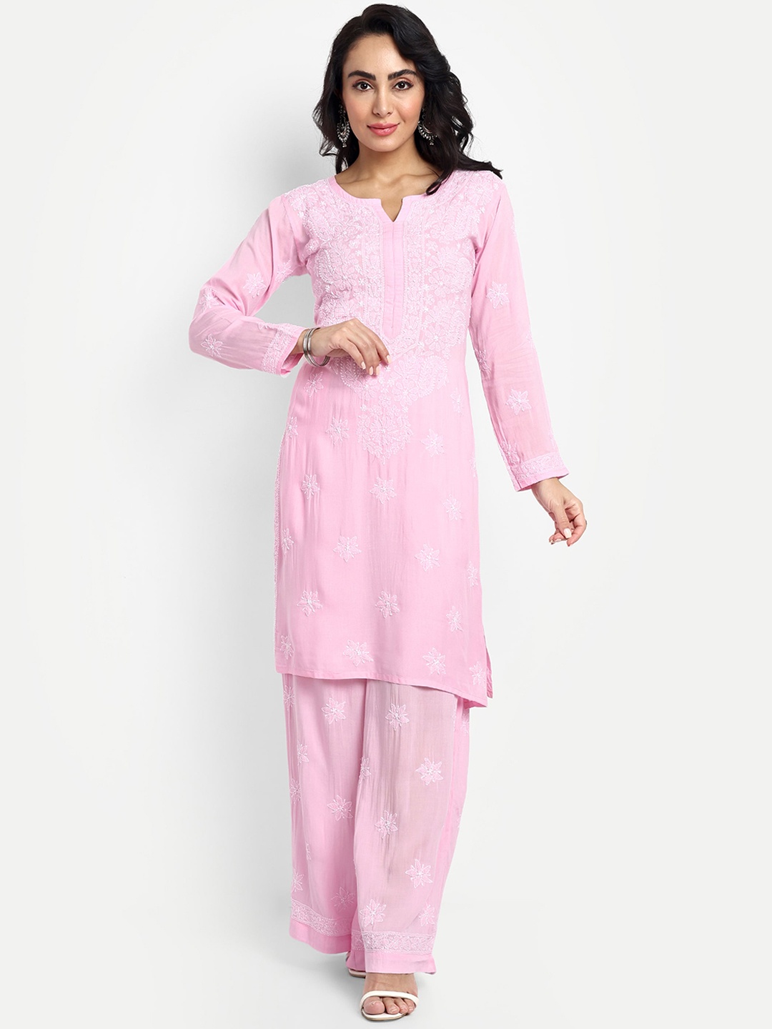 

ADA Ethnic Motifs Embroidered Chikankari Straight Kurta With Palazzos, Pink