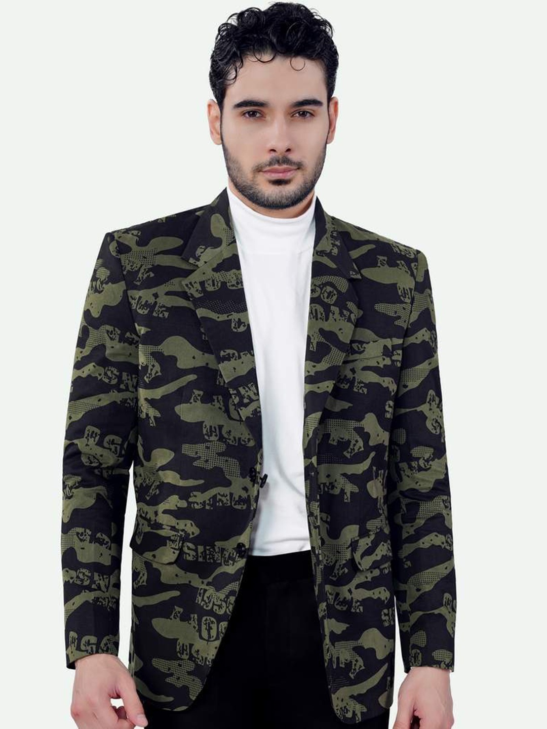 

FRENCH CROWN Printed Cotton Slim-Fit Single Breasted Blazer, Black