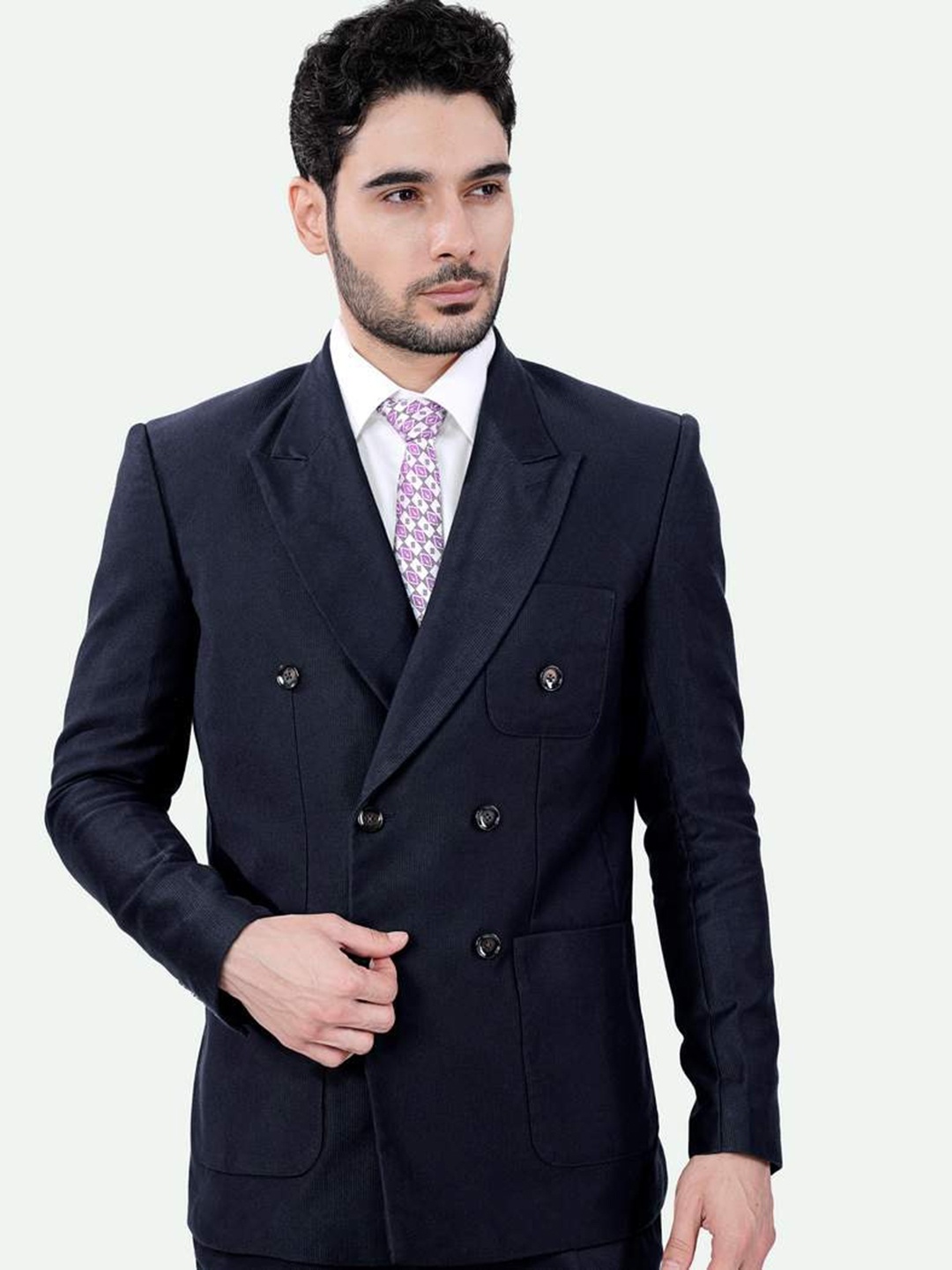 

FRENCH CROWN Peaked Lapel Woollen Double Breasted Formal Blazer, Blue