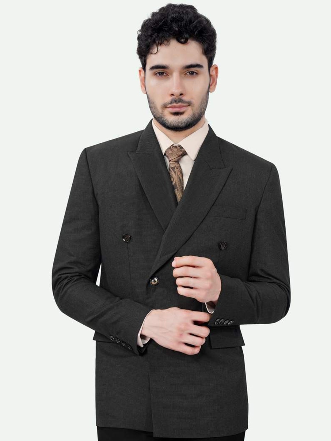 

FRENCH CROWN Zeus Textured Peaked Lapel Double Breasted Formal Blazer, Black