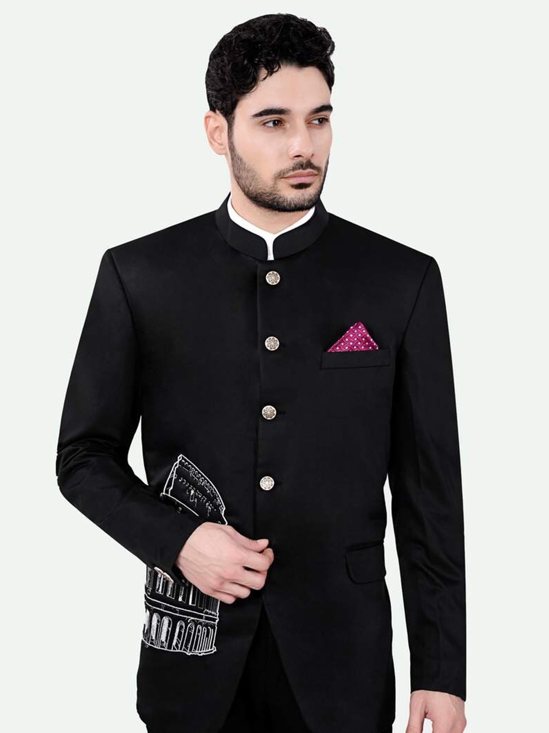 

FRENCH CROWN Self Design Mandarin Collar Bandhgala Formal Blazer, Black