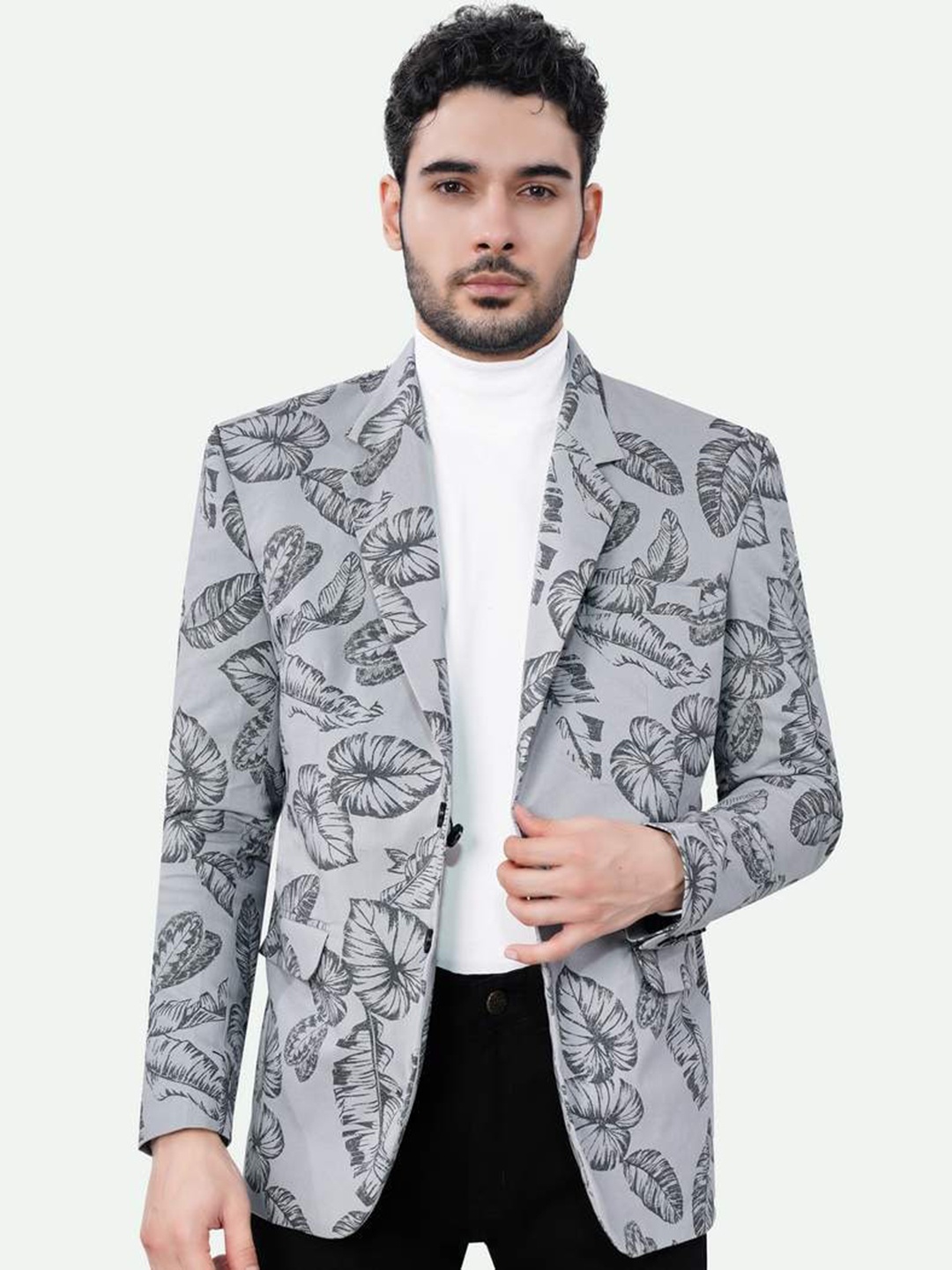 

FRENCH CROWN Printed Single Breasted Woollen Formal Blazers, Grey