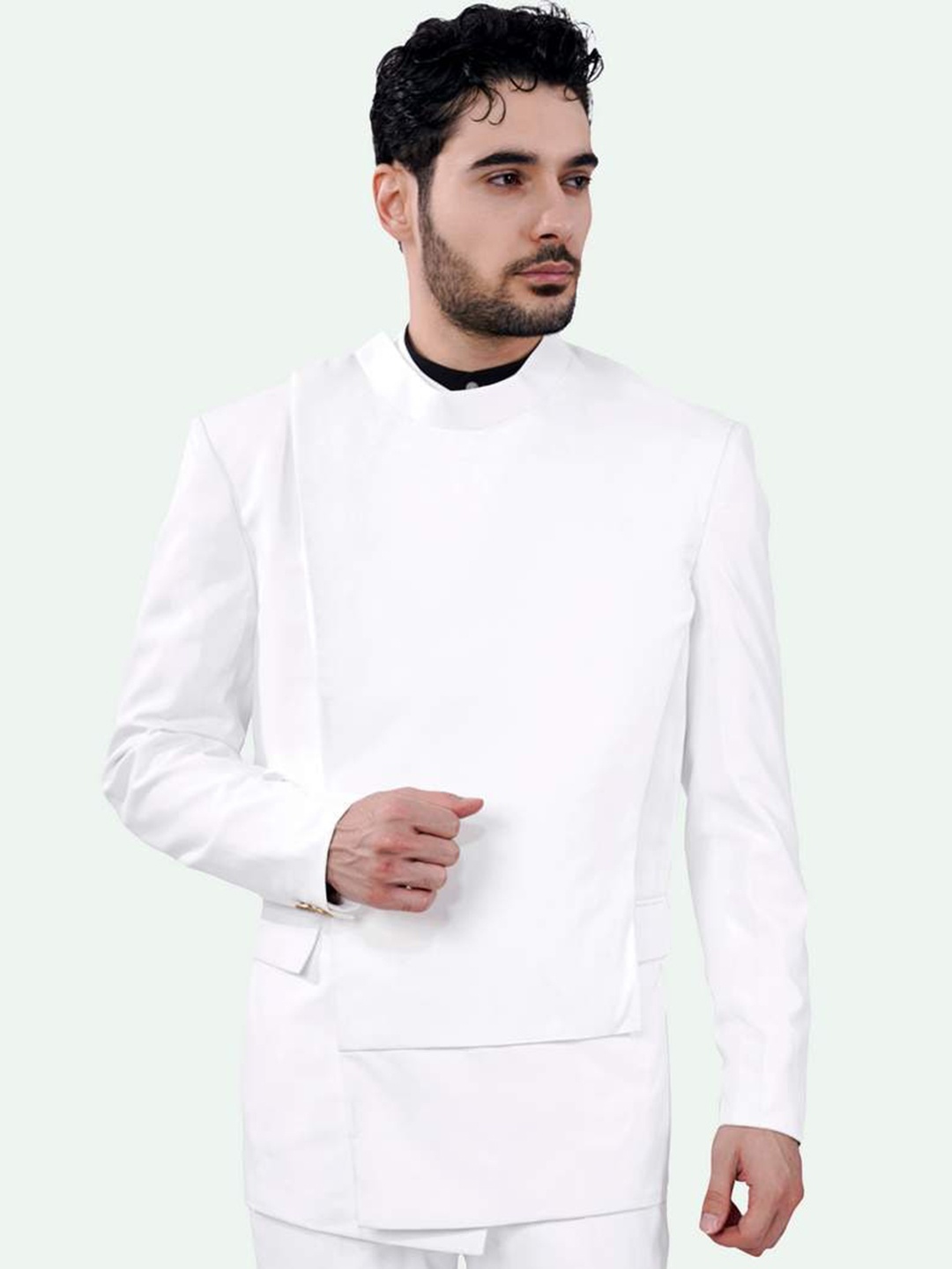 

FRENCH CROWN Mandarin Collar Wool Bandhgala Formal Blazer, White