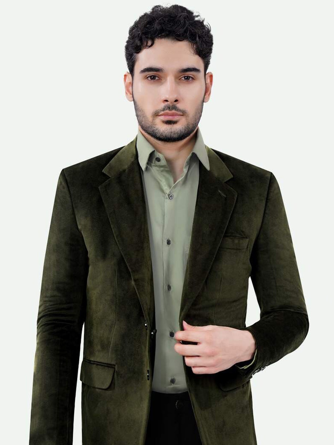 

FRENCH CROWN Notched Lapel Velvet Single Breasted Blazer, Green