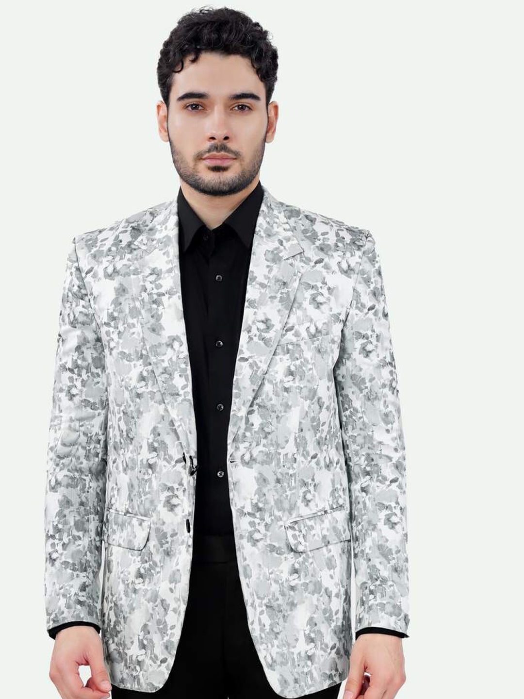 

FRENCH CROWN Floral Printed Cotton Single Breasted Blazer, White
