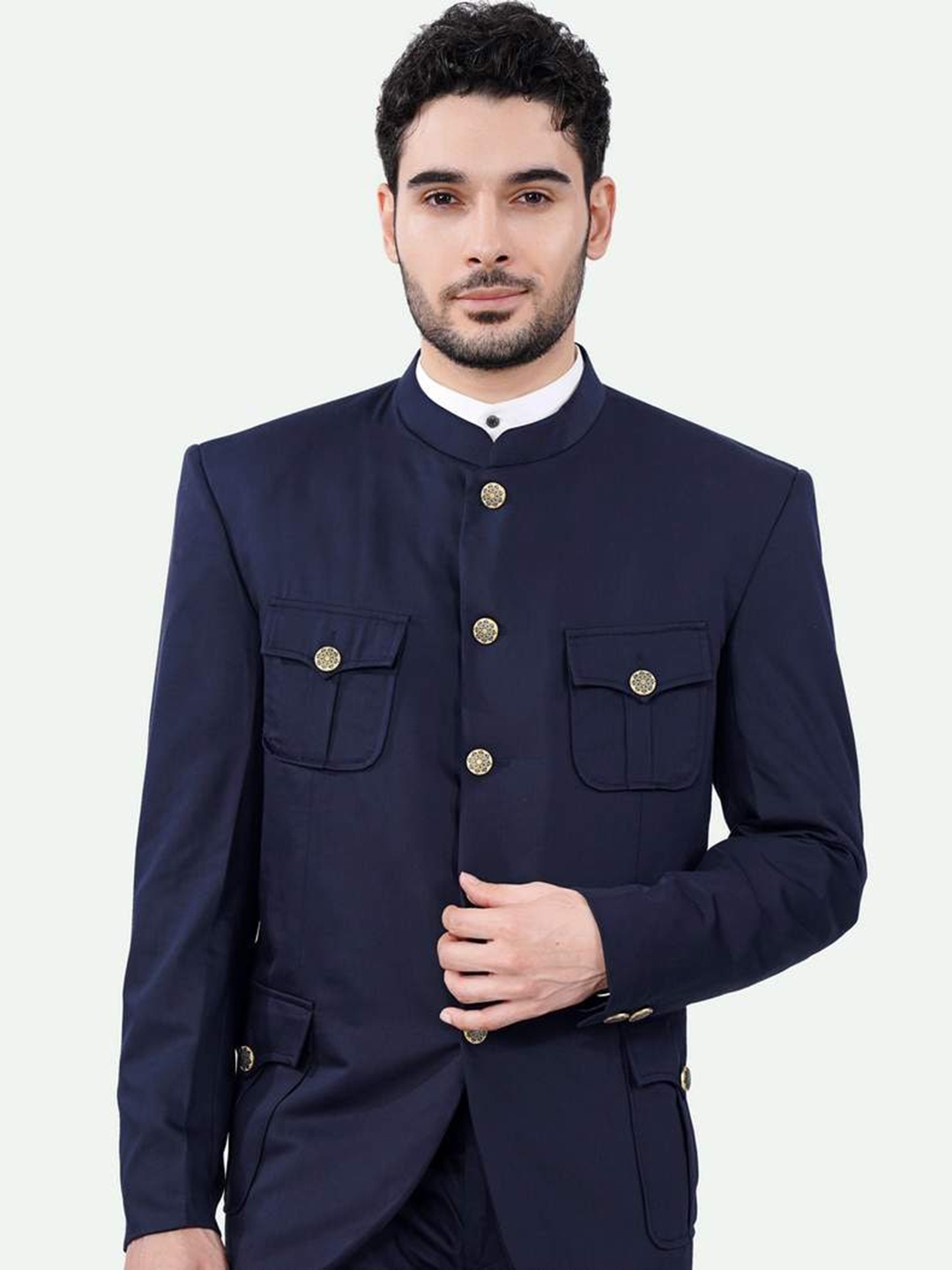 

FRENCH CROWN Premium Slim-Fit Bandhgala Formal Blazer, Navy blue