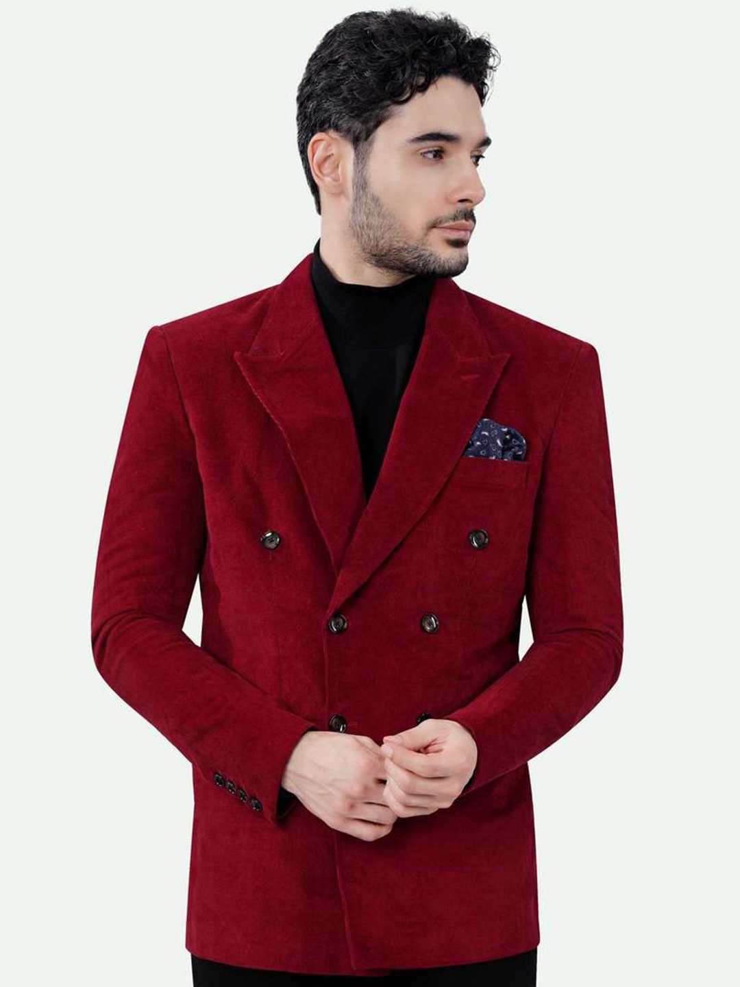 

FRENCH CROWN Textured Notched Lapel Double-Breasted Blazer, Red