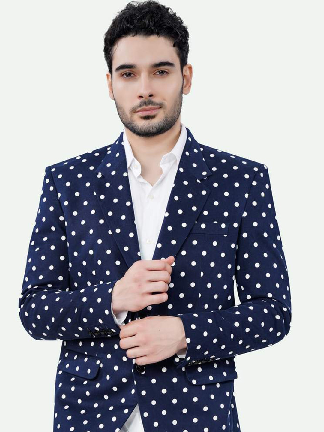 

FRENCH CROWN Polka Dots Printed Single Breasted Cotton Blazer, Navy blue