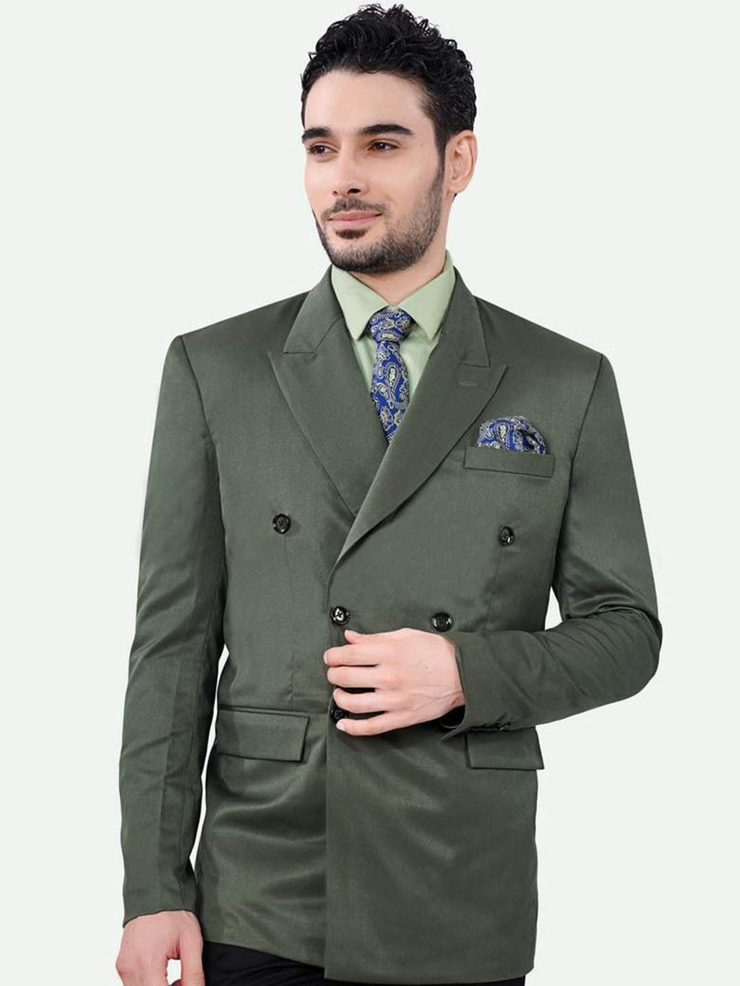 

FRENCH CROWN Peaked Lapel Double Breasted Blazer, Green