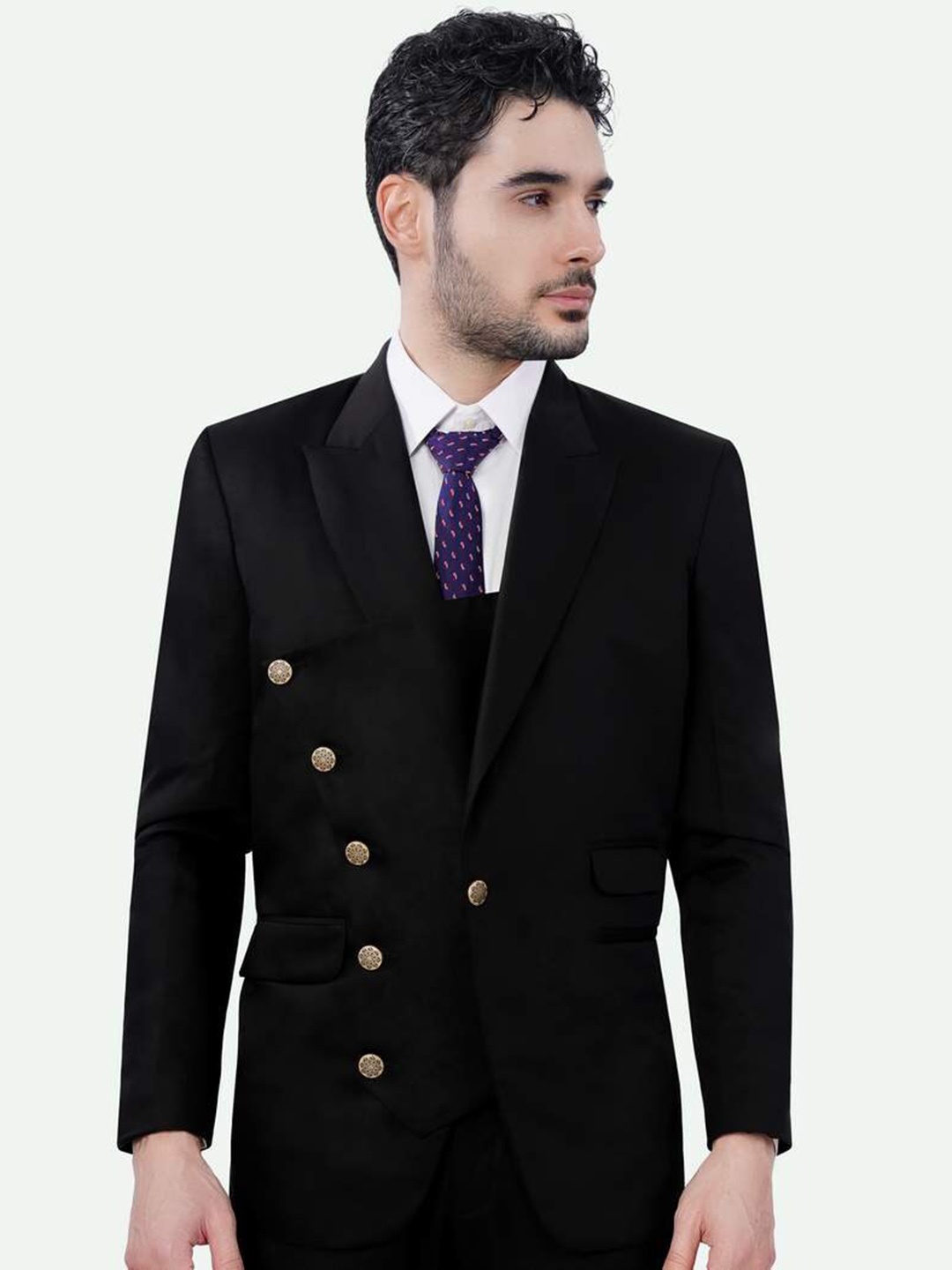 

FRENCH CROWN Jade Peaked Lapel Collar Double Breasted Blazer, Black