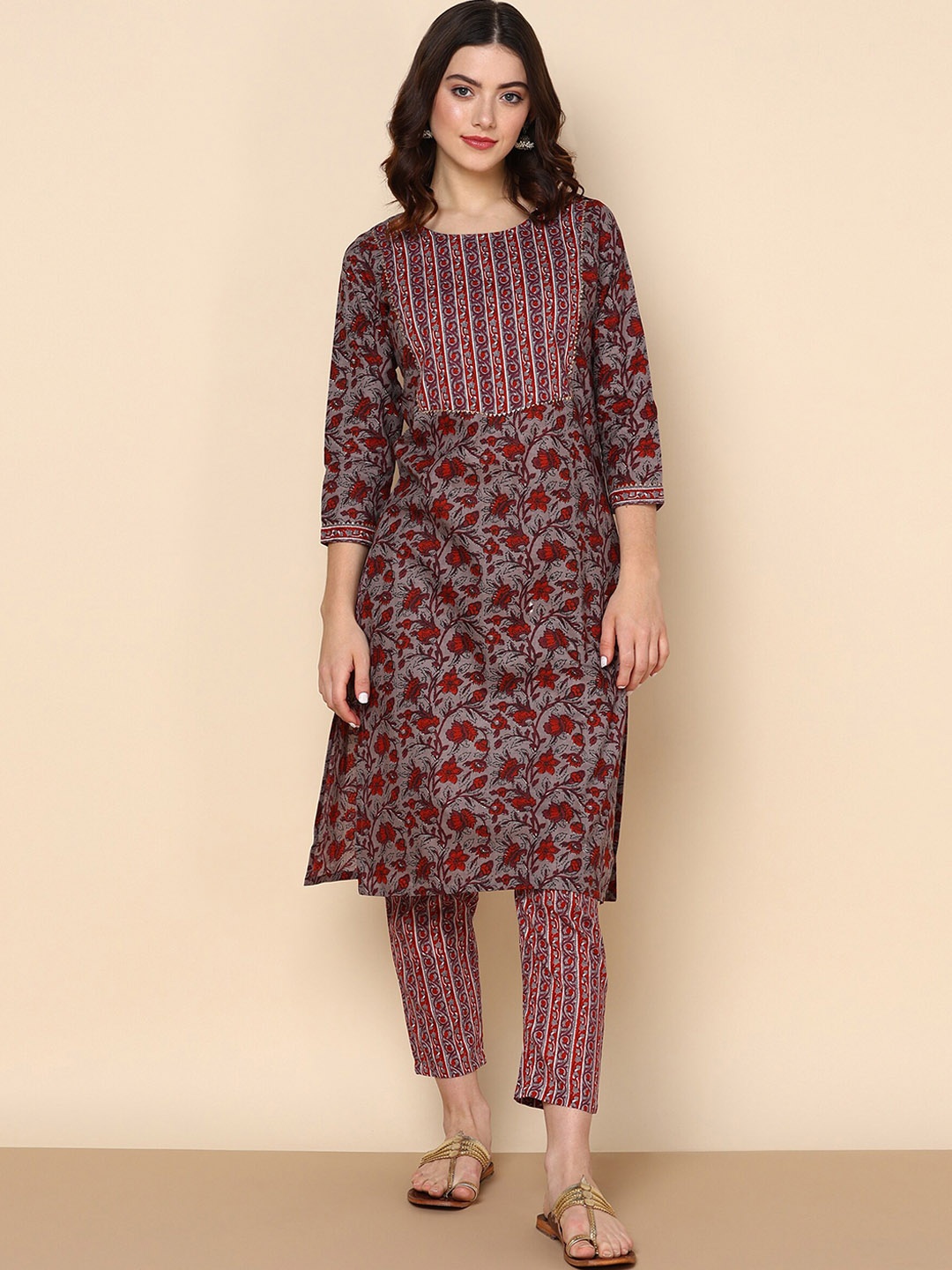 

Maishi Floral Printed Pure Cotton Kurta with Trousers, Grey