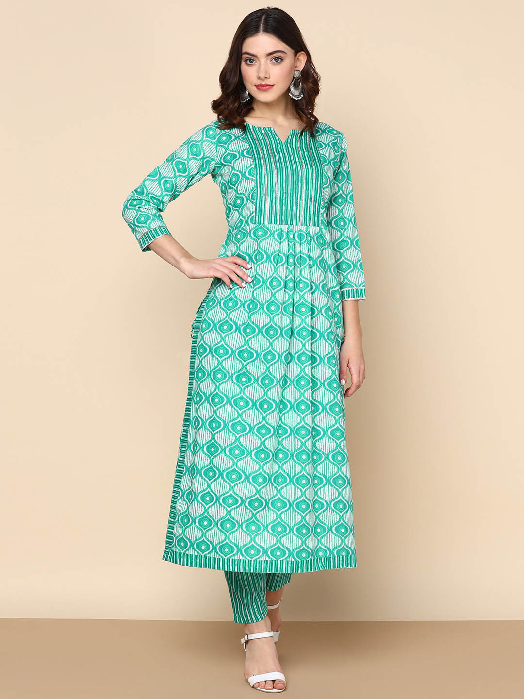 

Maishi Geometric Printed Pure Cotton Kurta with Trousers, Green