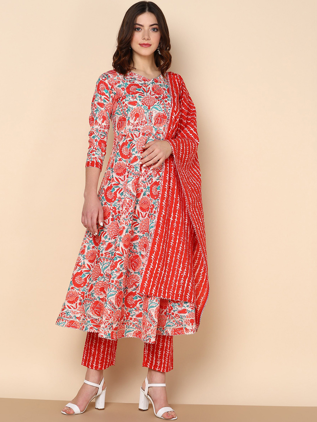 

Maishi Floral Printed V-Neck Pure Cotton Anarkali Kurta with Trousers & Dupatta, Red