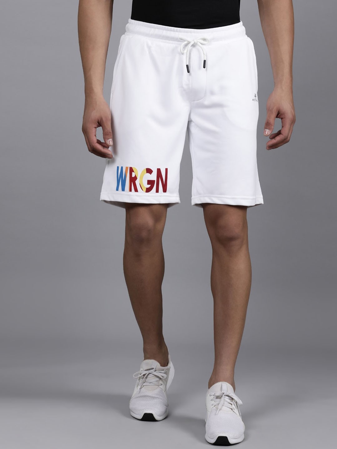 

WROGN ACTIVE Men Brand Logo Printed Mid Rise Slim Fit Cotton Regular Shorts, White