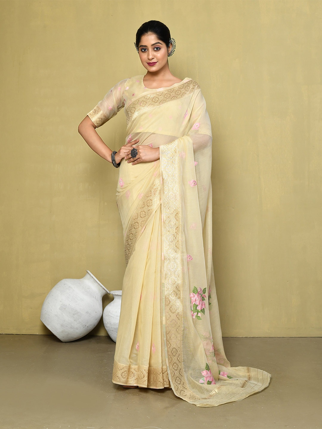 

elora Floral Embroidered Cotton Zari Saree, Beige
