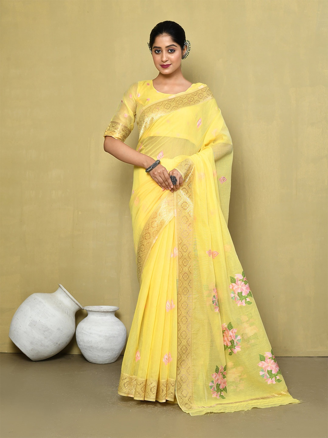 

elora Floral Embroidered Cotton Zari Saree, Yellow