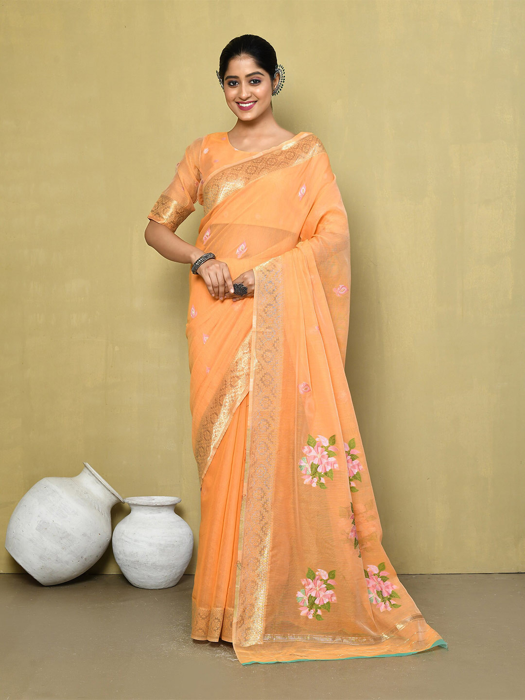 

elora Floral Embroidered Cotton Zari Saree, Orange