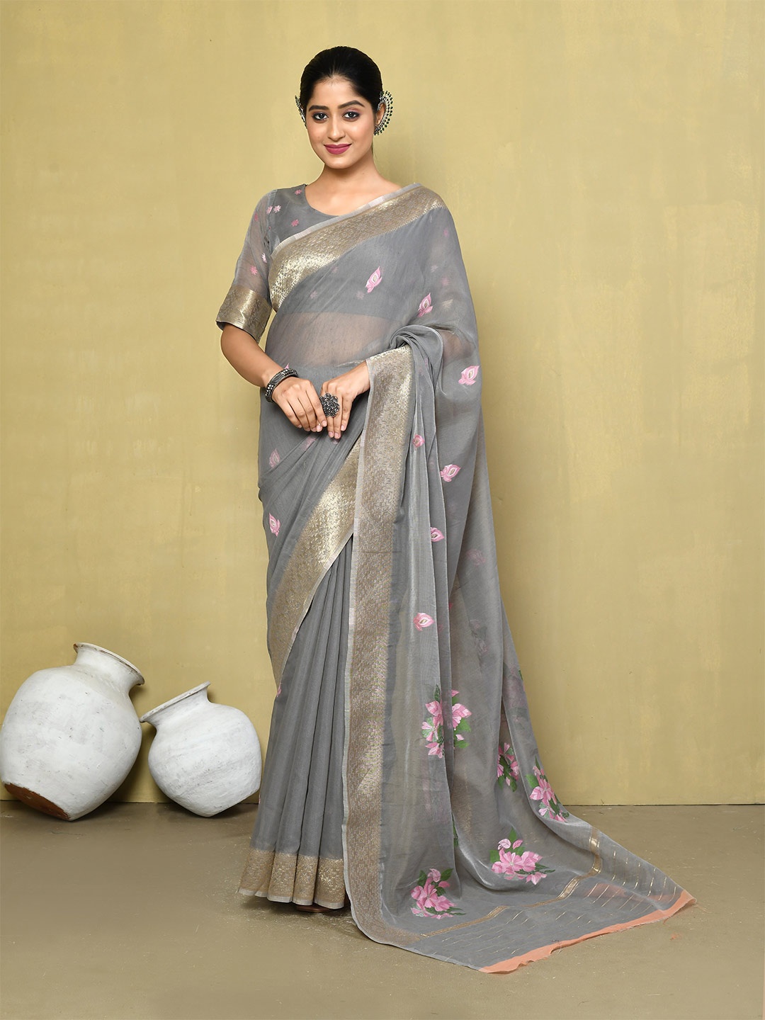 

elora Floral Embroidered Cotton Zari Saree, Grey