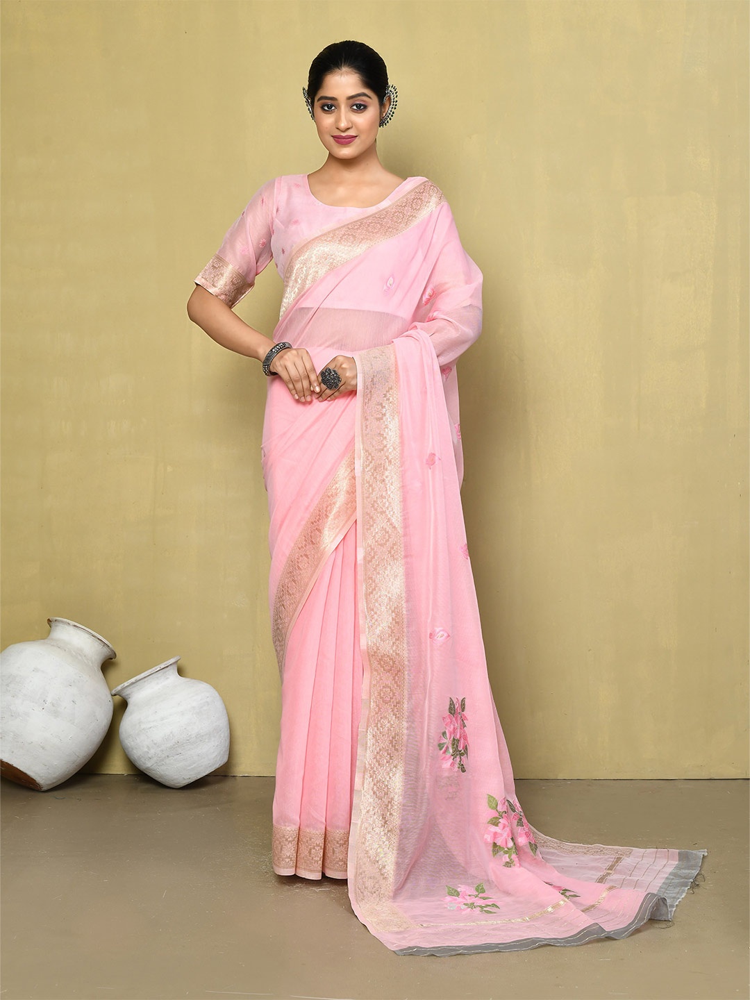 

elora Floral Embroidered Zari Bhagalpuri Saree, Pink