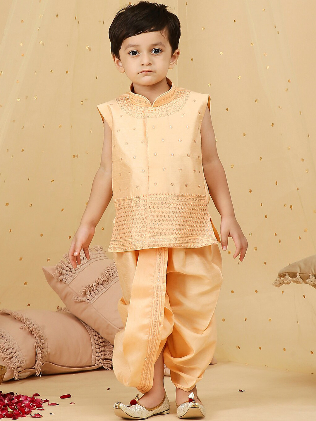 

KID1 Boys Ethnic Motifs Embroidered Mirror Work Straight Kurta With Dhoti Pants, Peach