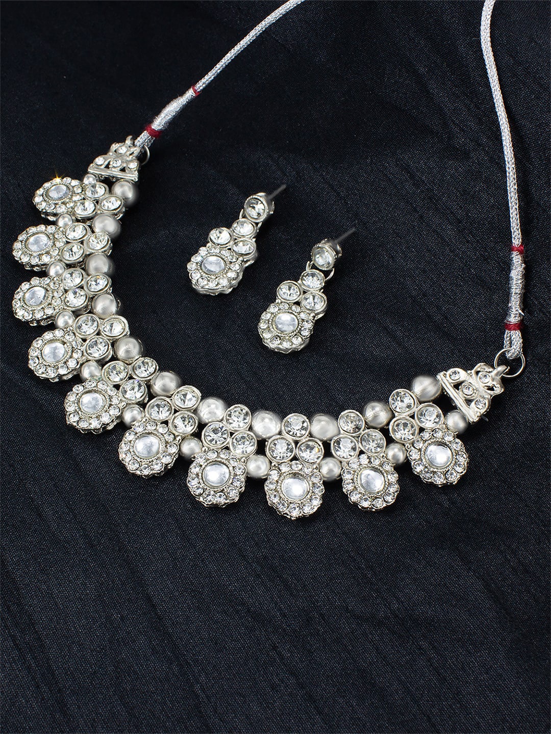 

PRIVIU Women Silver Plated American Diamond Stone-Studded Necklace And Earrings