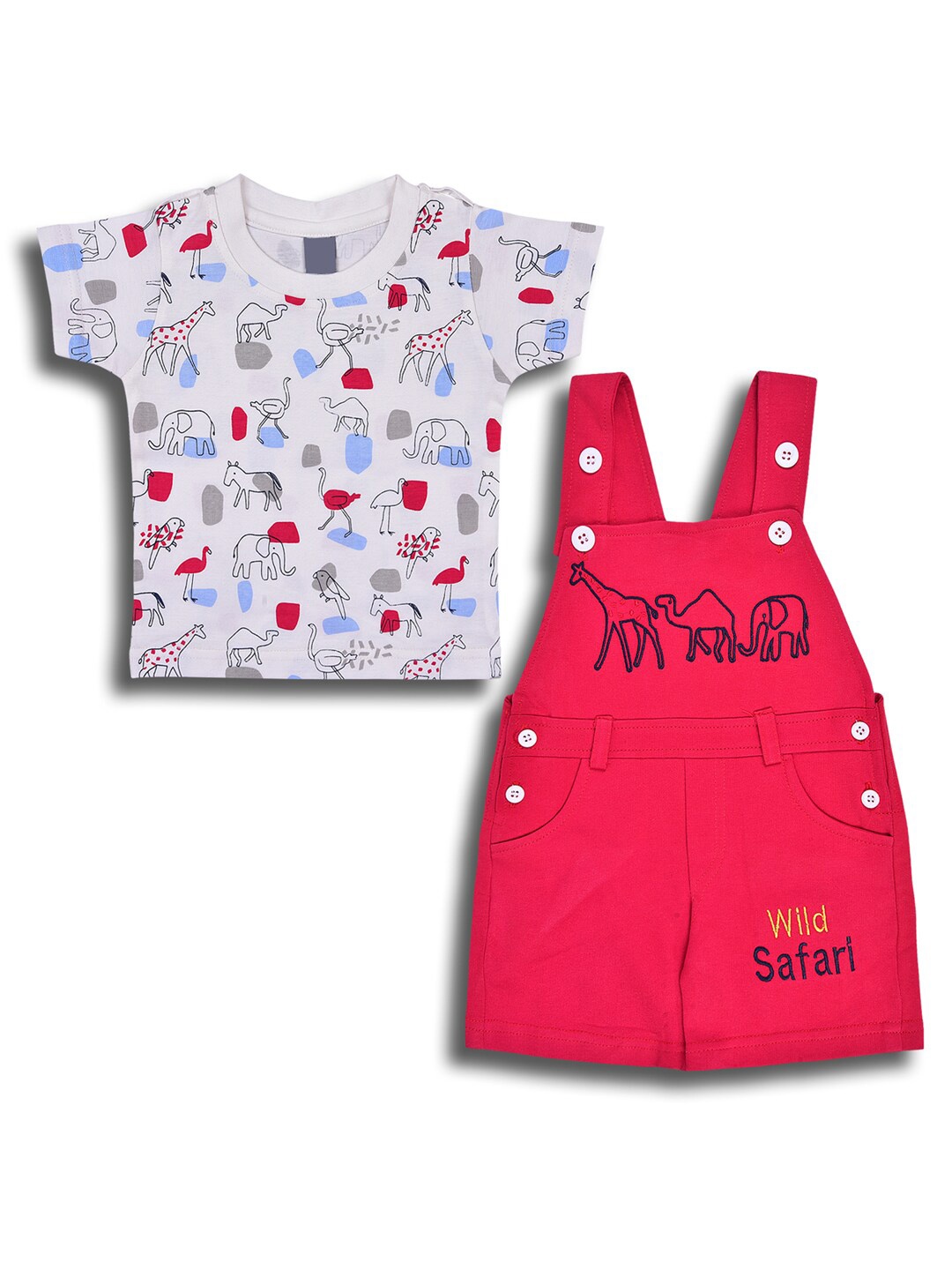 

Wish Karo Boys Conversational Printed T-shirt With Dungarees, Red