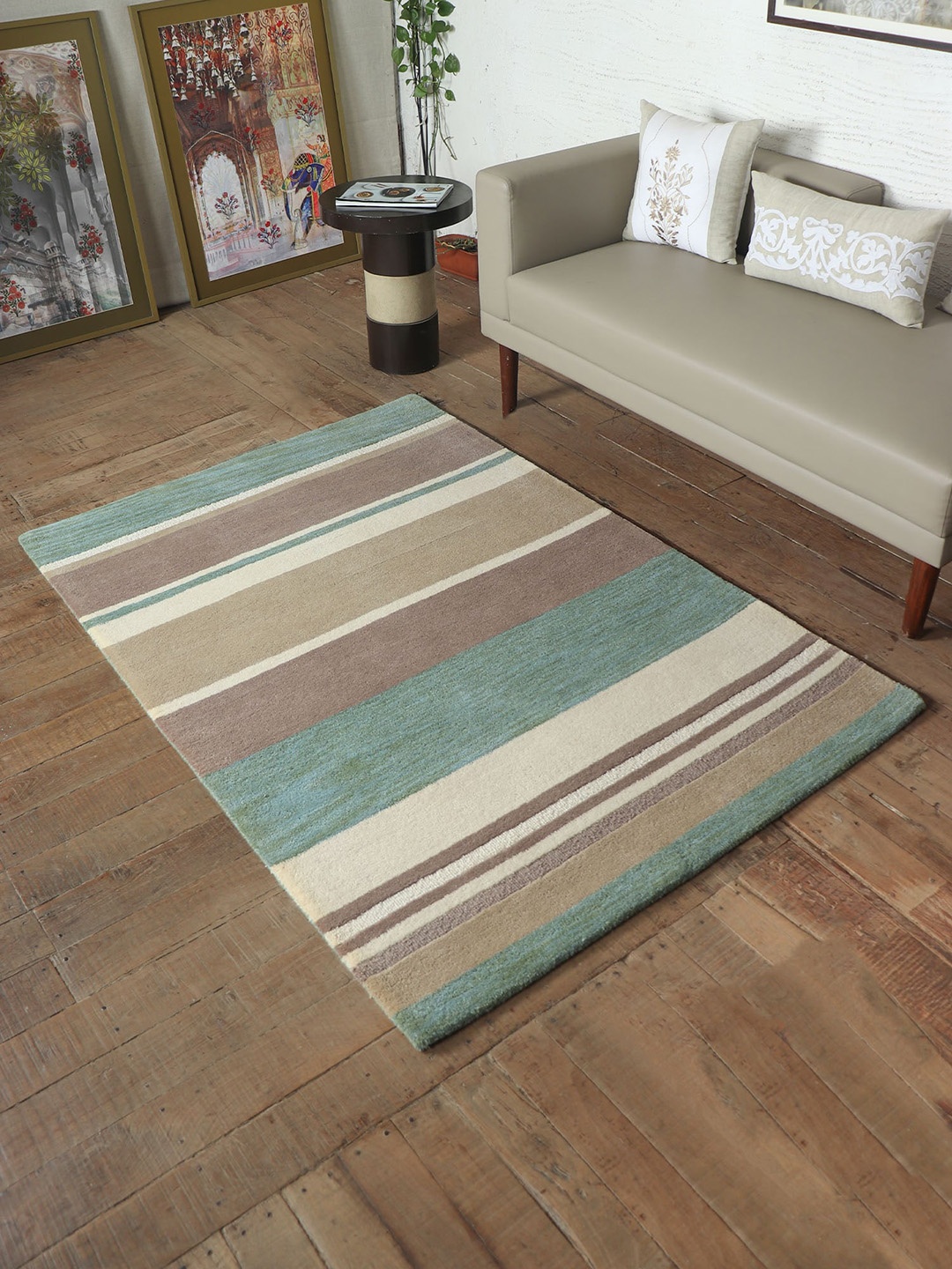 

ZEBA World Hand-Tufted Brown & Green Striped Rectangular Woolen Carpet