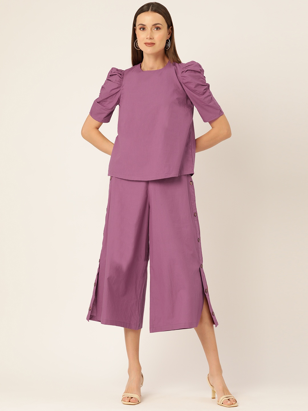 

MISRI Women Solid Cotton Tunic with Trousers, Mauve