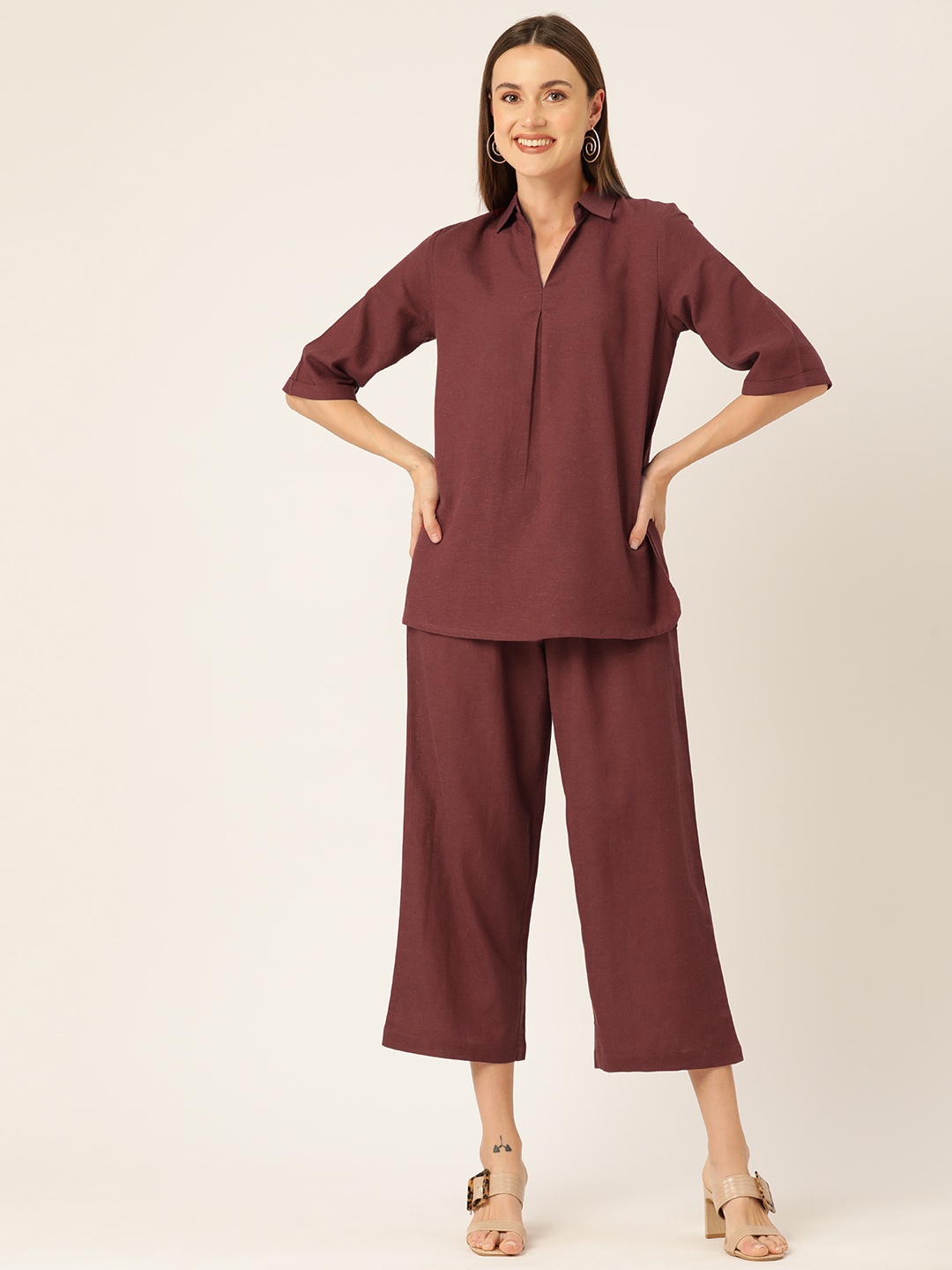 

MISRI Women Solid Cotton Tunic with Trousers, Brown