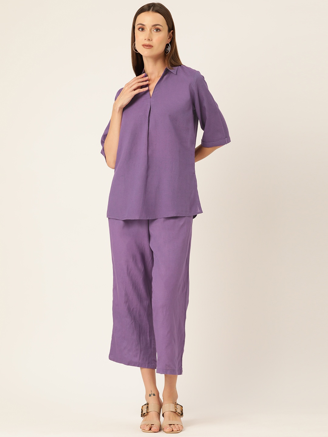

MISRI Women Solid Cotton Tunic with Trousers, Purple