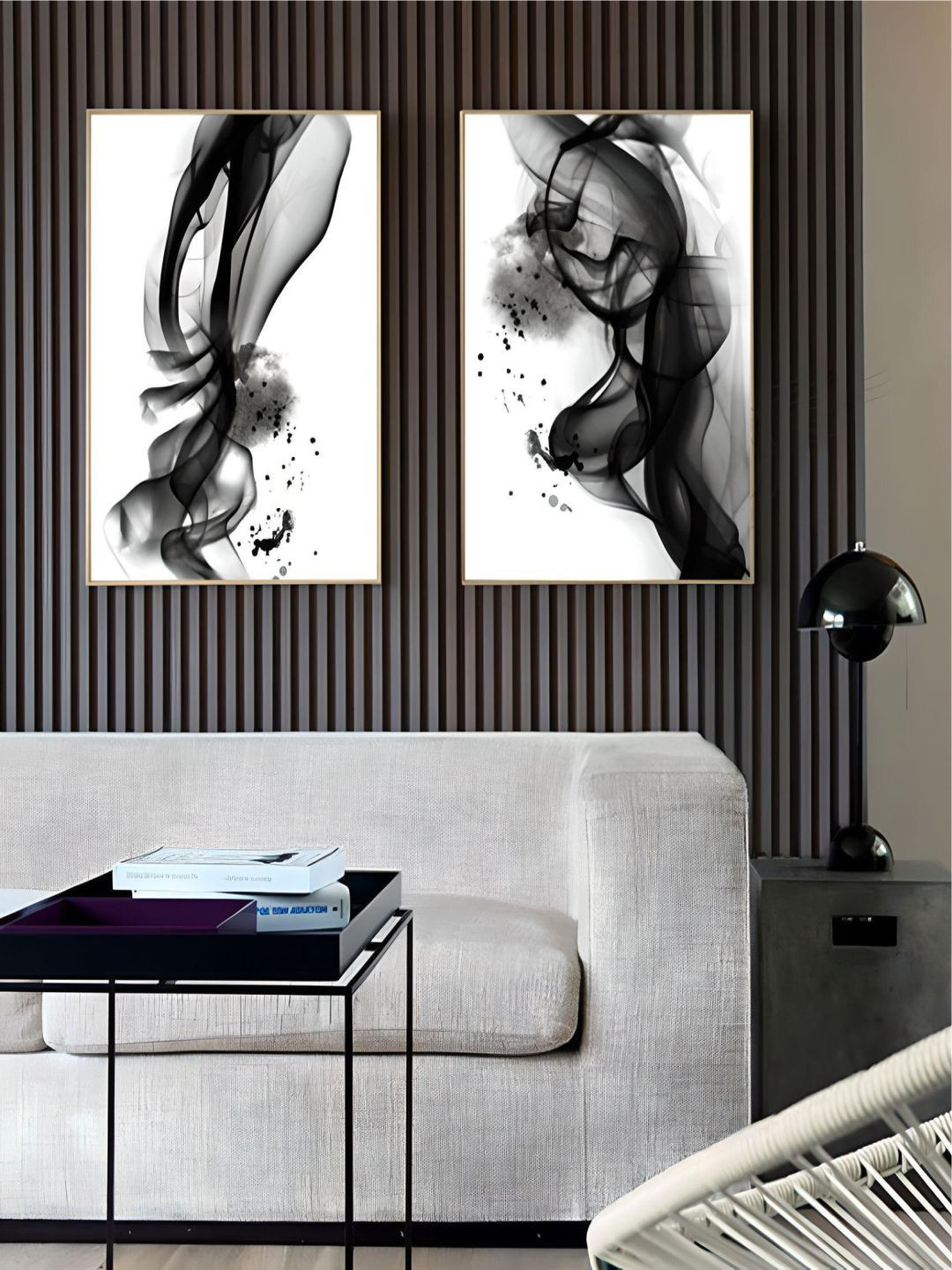 

THE HANDMADE FLAIR 2 Pcs White & Black Abstract Ink Splash Painting Framed Wall Art