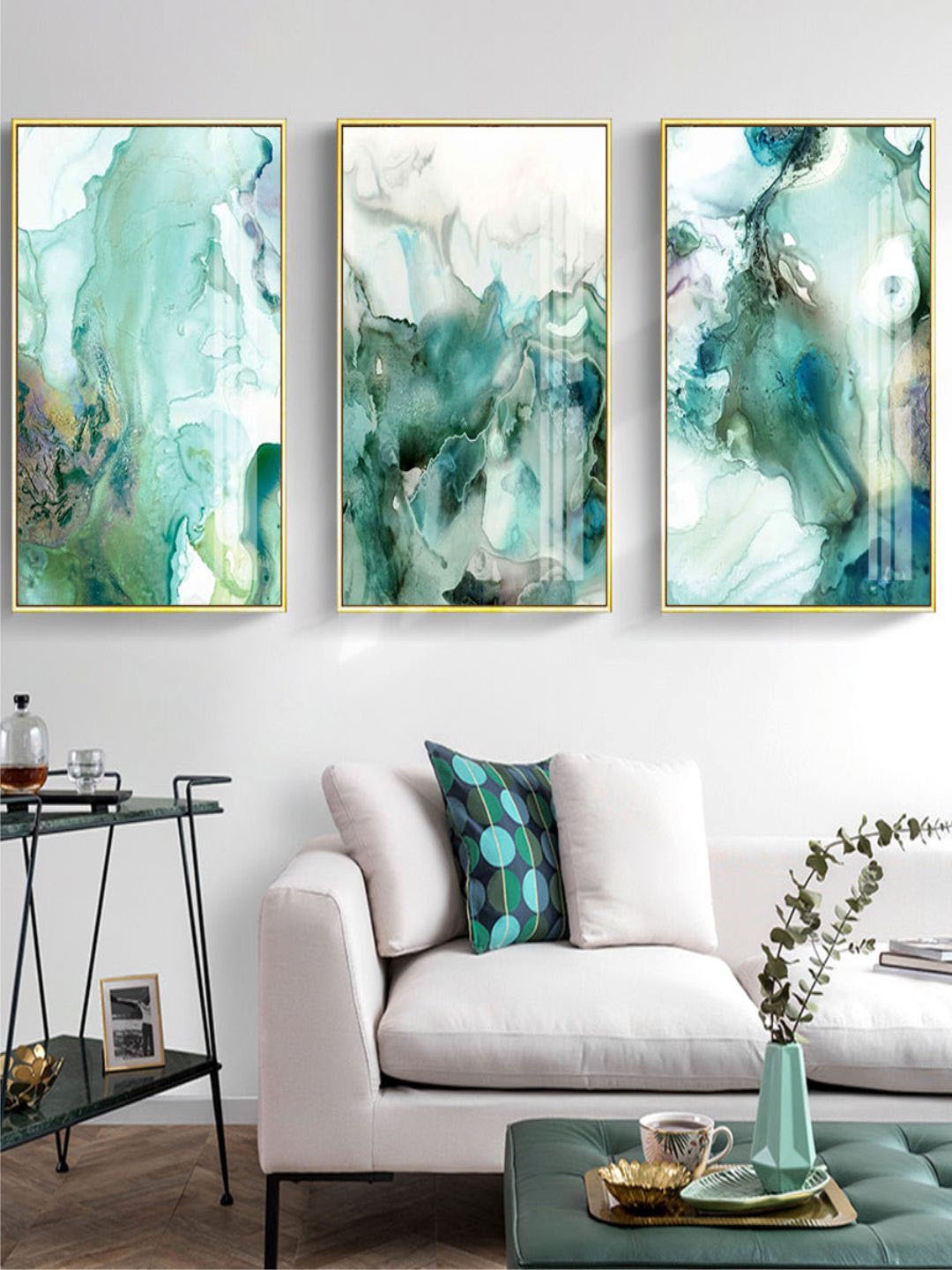 

THE HANDMADE FLAIR Mint Green 3 Pieces Liquid Marble Painting Wall Arts
