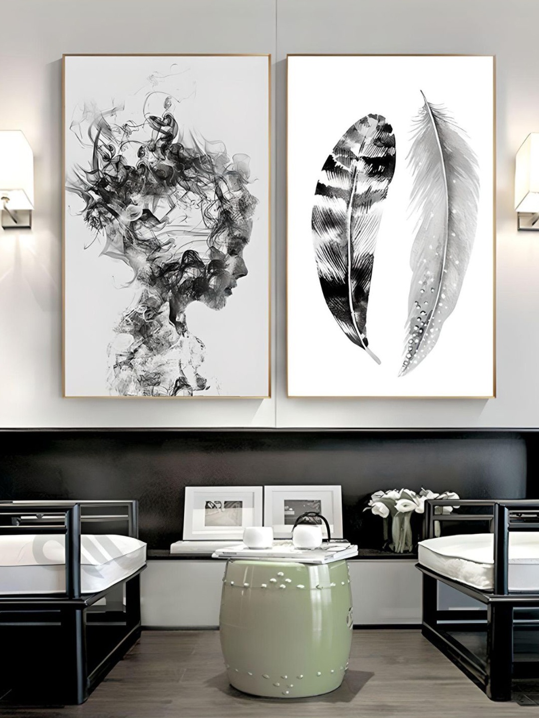 

THE HANDMADE FLAIR Off White & Black 2 Pcs Abstract Girl Portrait Framed Wall Art