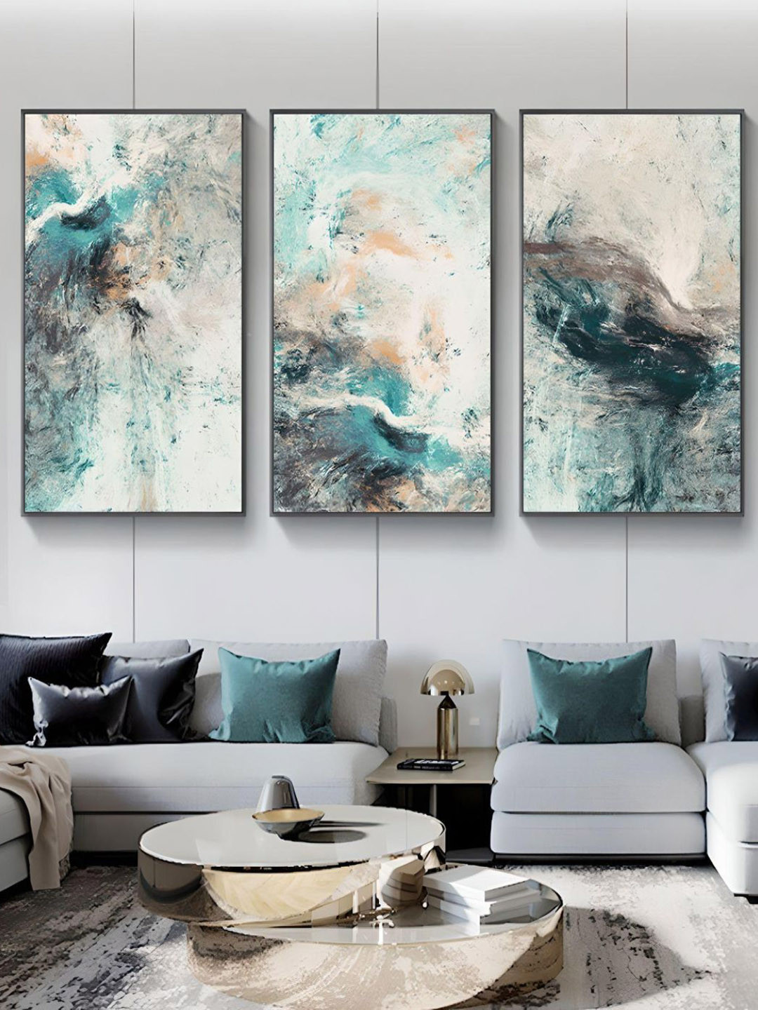 

THE HANDMADE FLAIR 3 Pcs White & Blue Abstract Painting Framed Wall Art