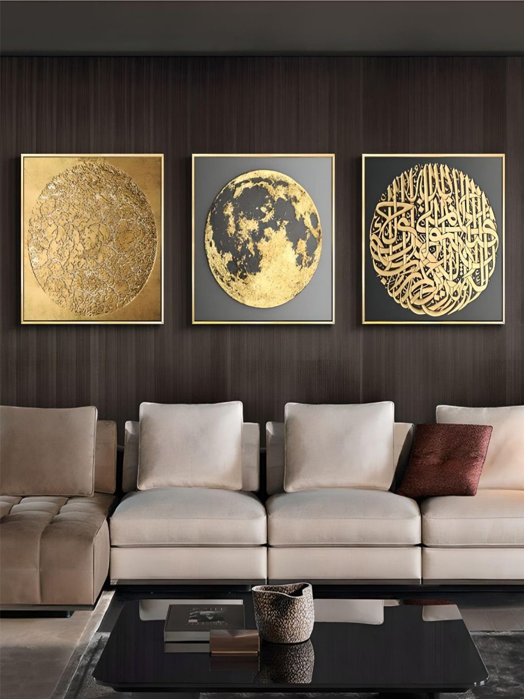 

THE HANDMADE FLAIR Gold Toned & Grey 3 Pieces Abstract Geometric Patterns Wall Art