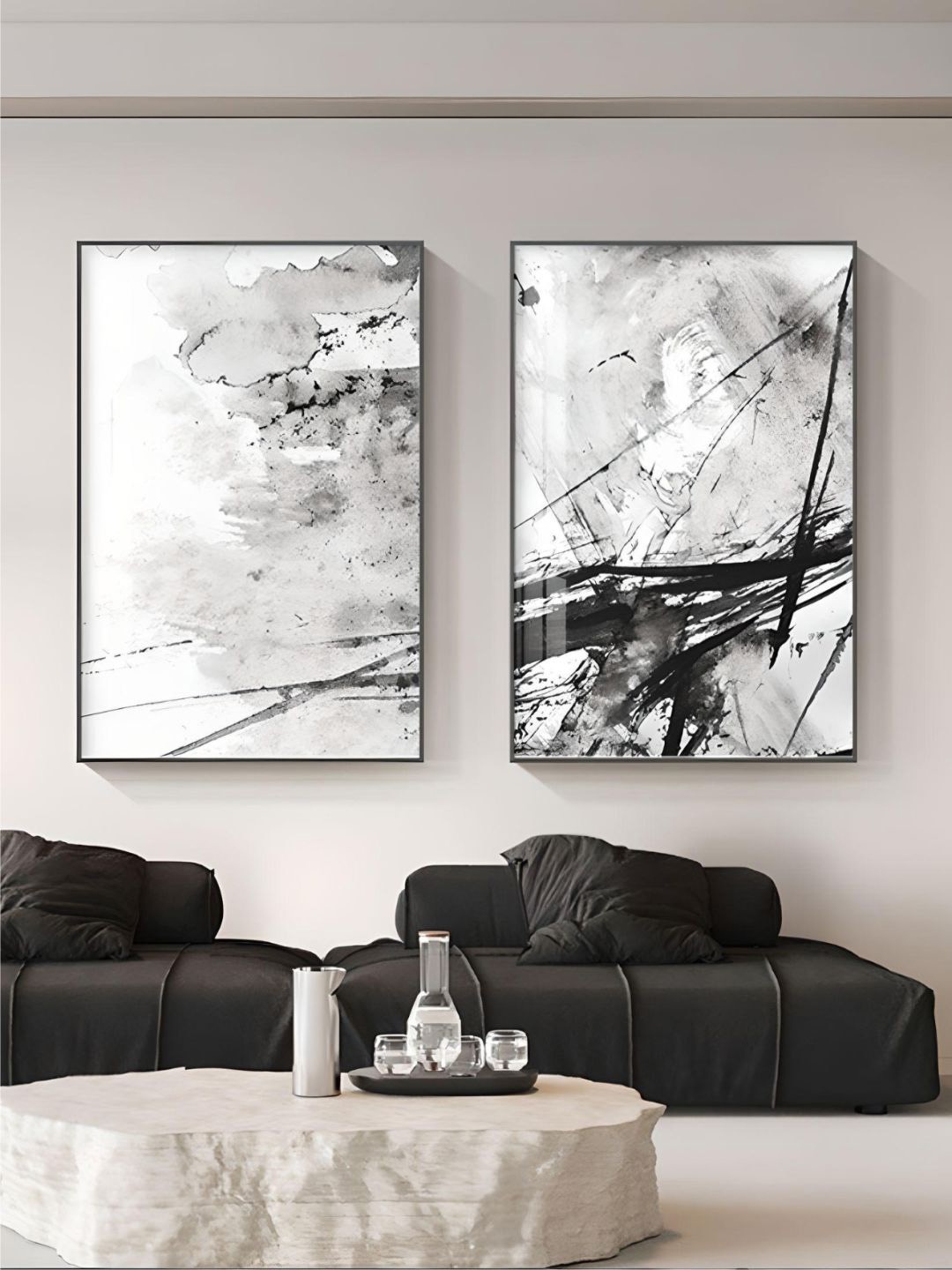 

THE HANDMADE FLAIR Black & Off White 2 Pieces Abstract Ink Splash Wall Arts