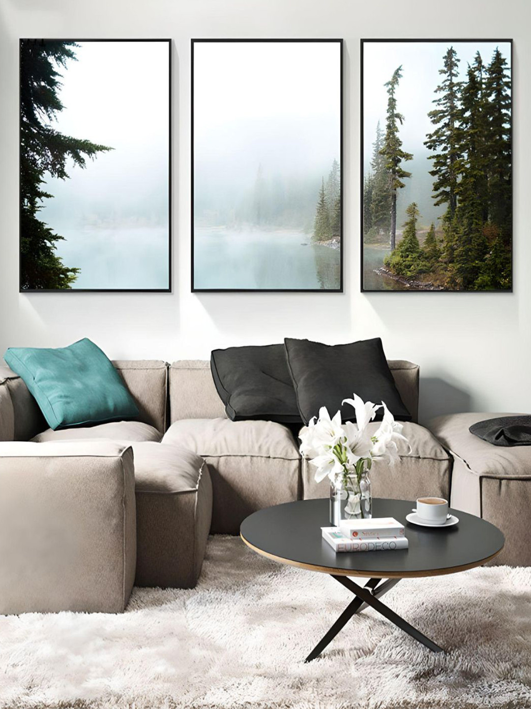 

THE HANDMADE FLAIR Green 3 Pcs Misty Mountain Lake Wilderness UV Coating Painting Wall Art