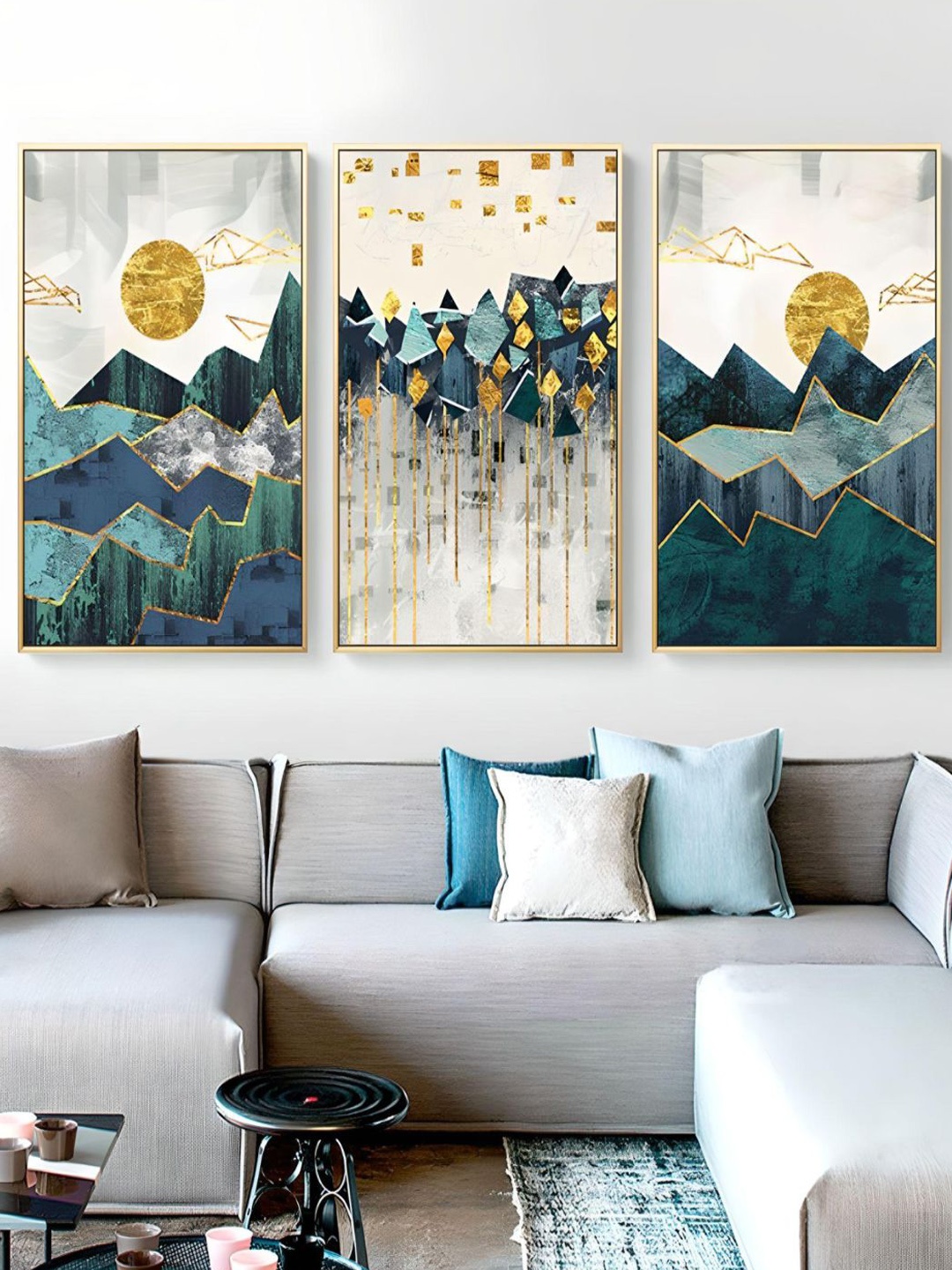 

THE HANDMADE FLAIR Green & Blue 3 Pieces Mountain Landscape UV Coating Wall Art