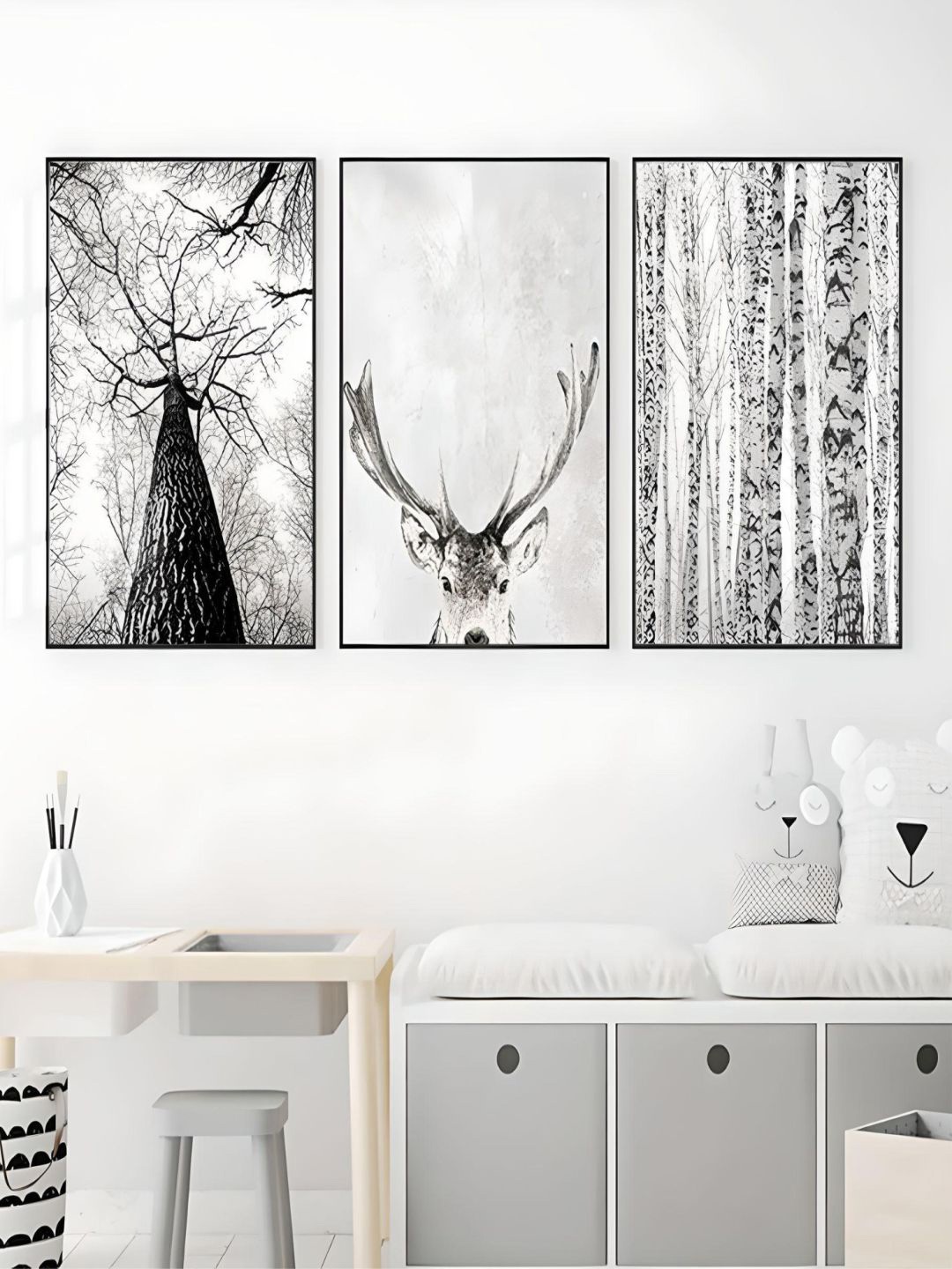 

THE HANDMADE FLAIR 3 Pieces Nature Deer Silver Birch Art, Grey